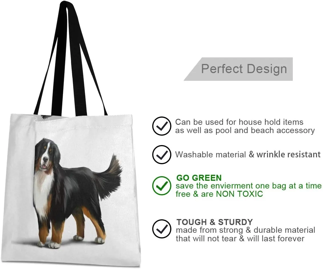 Bernese Mountain Dog Canvas Tote Bag Puppy Pets Casual Grocery Shopping Bags Eco-Friendly Shoulder Handbag Gym Travel Beach Laptop Bags for Women