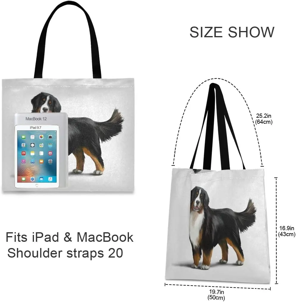 Bernese Mountain Dog Canvas Tote Bag Puppy Pets Casual Grocery Shopping Bags Eco-Friendly Shoulder Handbag Gym Travel Beach Laptop Bags for Women