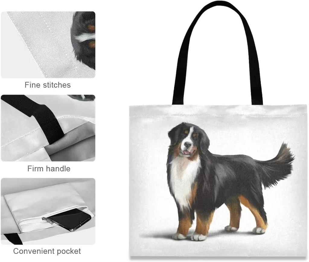Bernese Mountain Dog Canvas Tote Bag Puppy Pets Casual Grocery Shopping Bags Eco-Friendly Shoulder Handbag Gym Travel Beach Laptop Bags for Women