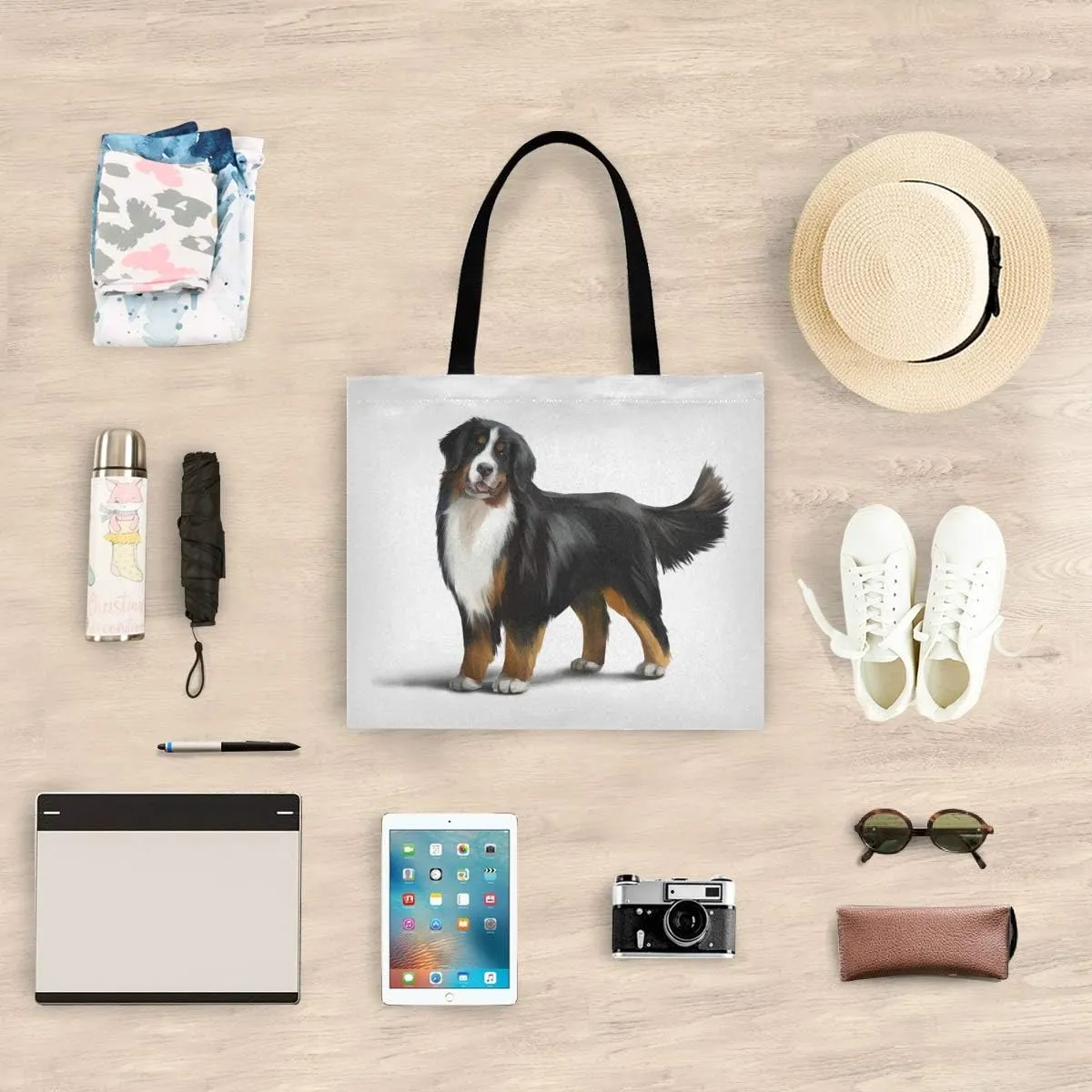 Bernese Mountain Dog Canvas Tote Bag Puppy Pets Casual Grocery Shopping Bags Eco-Friendly Shoulder Handbag Gym Travel Beach Laptop Bags for Women