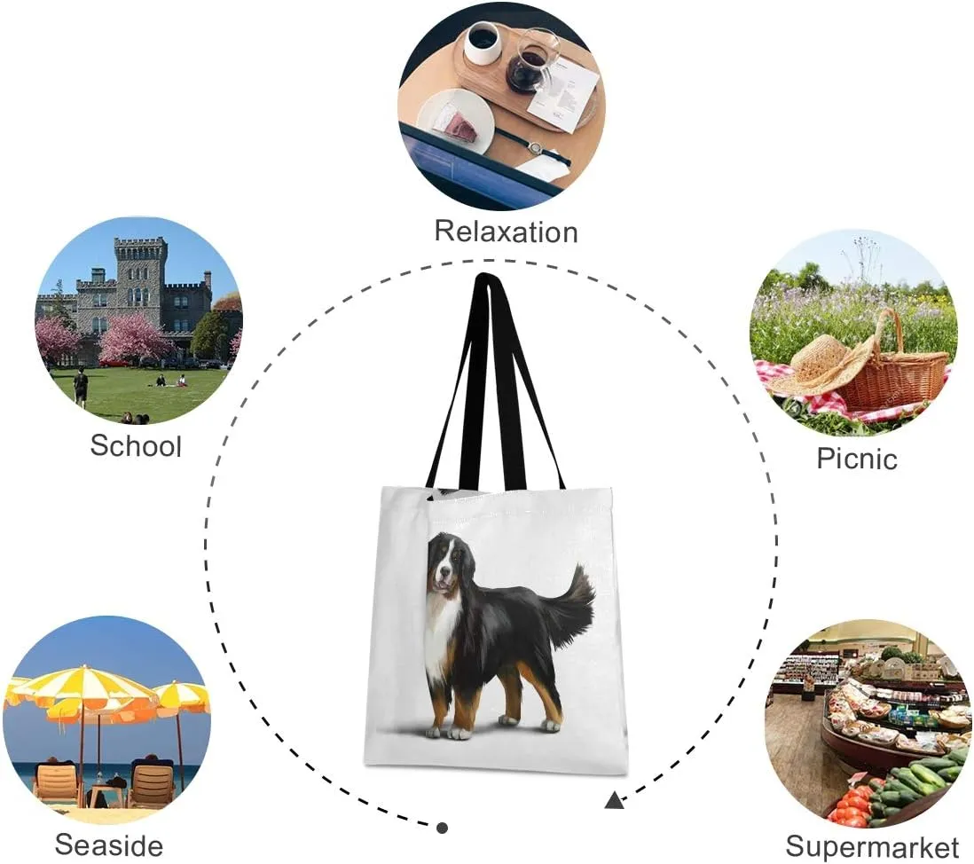 Bernese Mountain Dog Canvas Tote Bag Puppy Pets Casual Grocery Shopping Bags Eco-Friendly Shoulder Handbag Gym Travel Beach Laptop Bags for Women