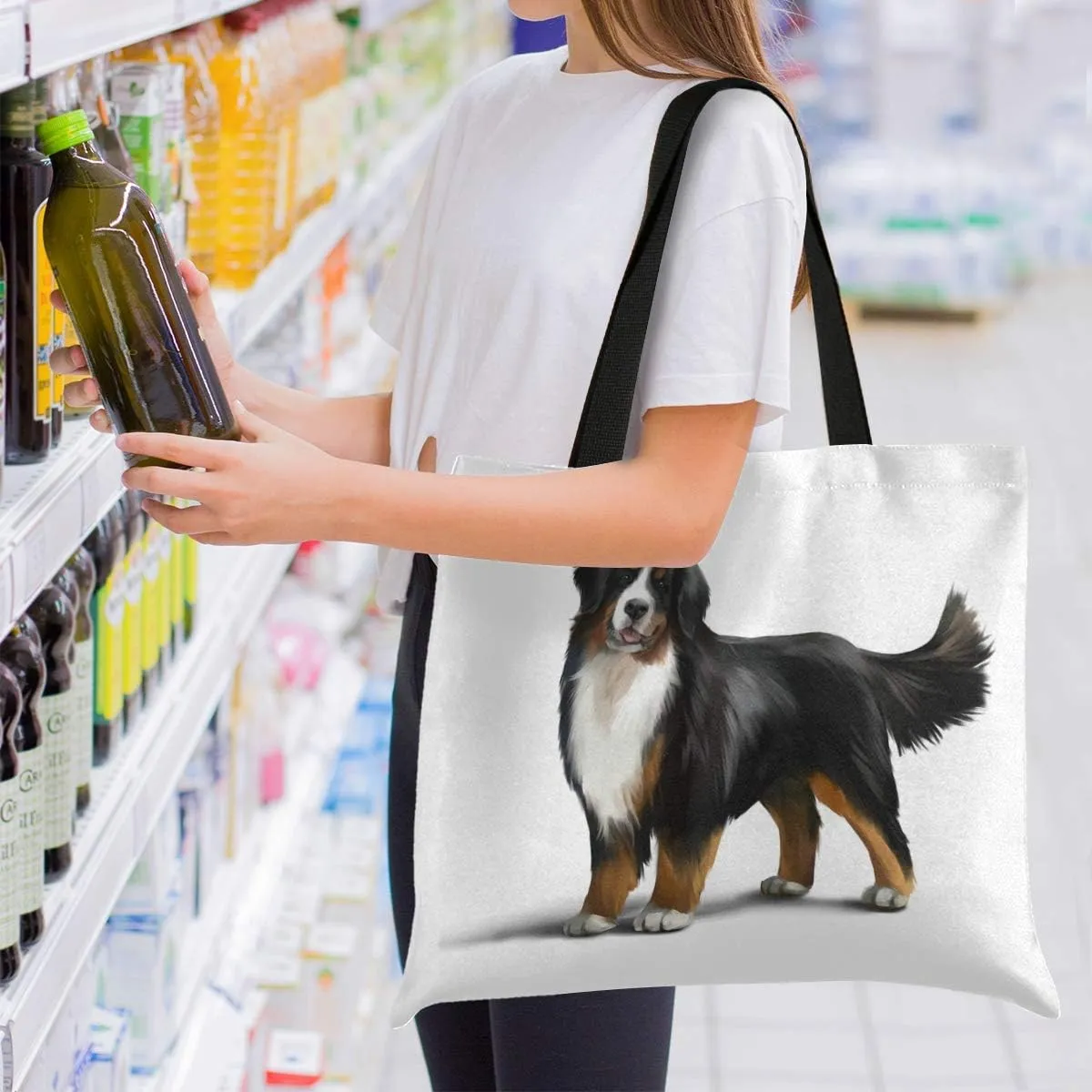 Bernese Mountain Dog Canvas Tote Bag Puppy Pets Casual Grocery Shopping Bags Eco-Friendly Shoulder Handbag Gym Travel Beach Laptop Bags for Women