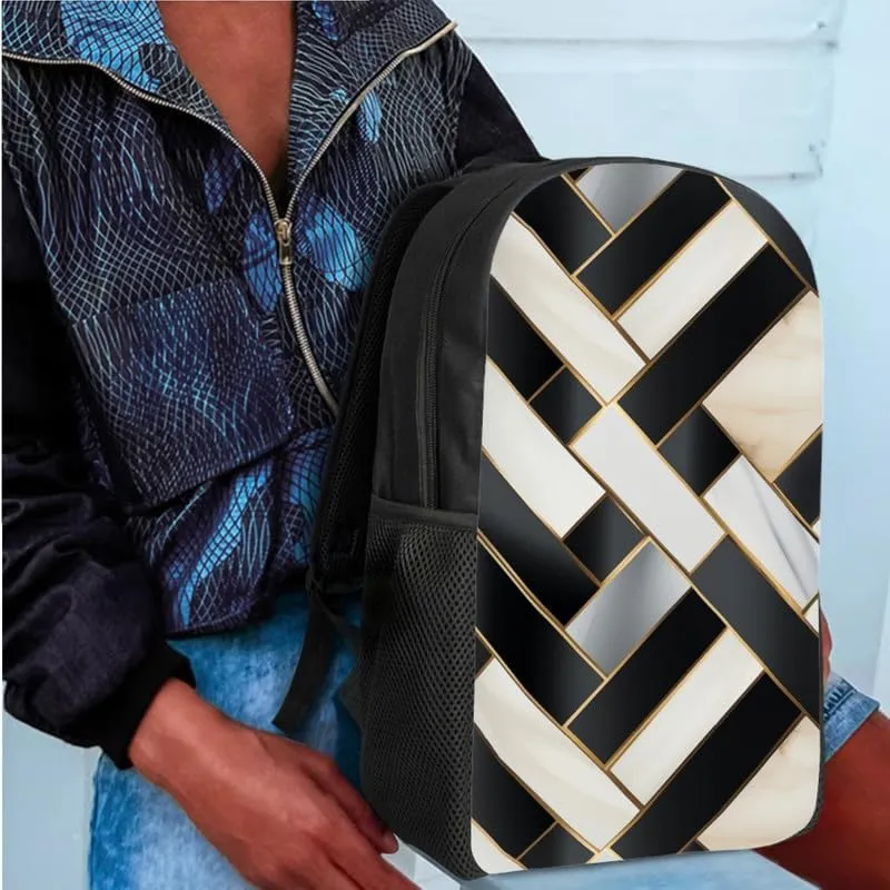 Black & White Geometric School Bag with Lunch Bag Set for Girls Teens Piano Keys Pattern Student Book Bag or School Sport Travel with Pencil Case