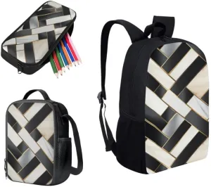 Black & White Geometric School Bag with Lunch Bag Set for Girls Teens Piano Keys Pattern Student Book Bag or School Sport Travel with Pencil Case