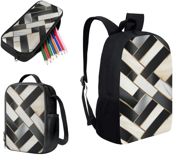 Black & White Geometric School Bag with Lunch Bag Set for Girls Teens Piano Keys Pattern Student Book Bag or School Sport Travel with Pencil Case