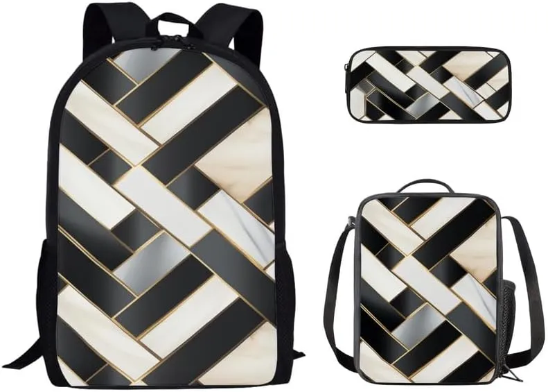 Black & White Geometric School Bag with Lunch Bag Set for Girls Teens Piano Keys Pattern Student Book Bag or School Sport Travel with Pencil Case