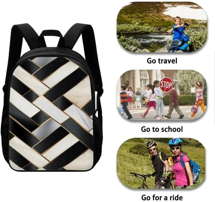 Black & White Geometric School Bag with Lunch Bag Set for Girls Teens Piano Keys Pattern Student Book Bag or School Sport Travel with Pencil Case