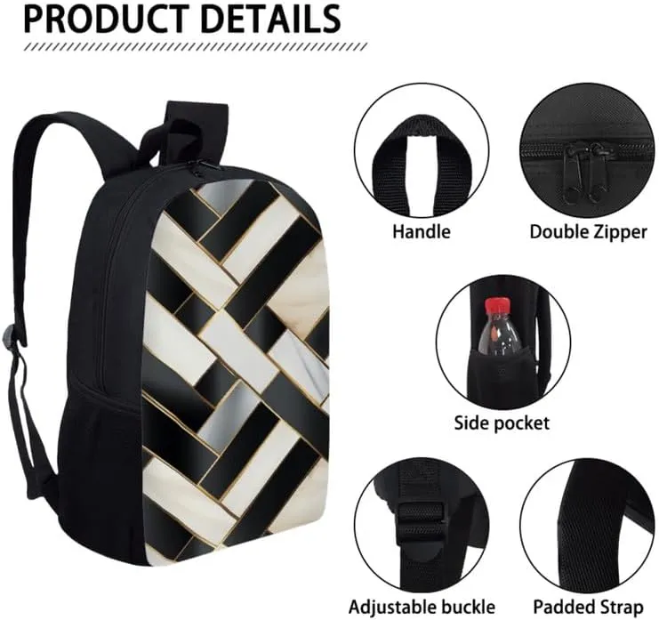 Black & White Geometric School Bag with Lunch Bag Set for Girls Teens Piano Keys Pattern Student Book Bag or School Sport Travel with Pencil Case