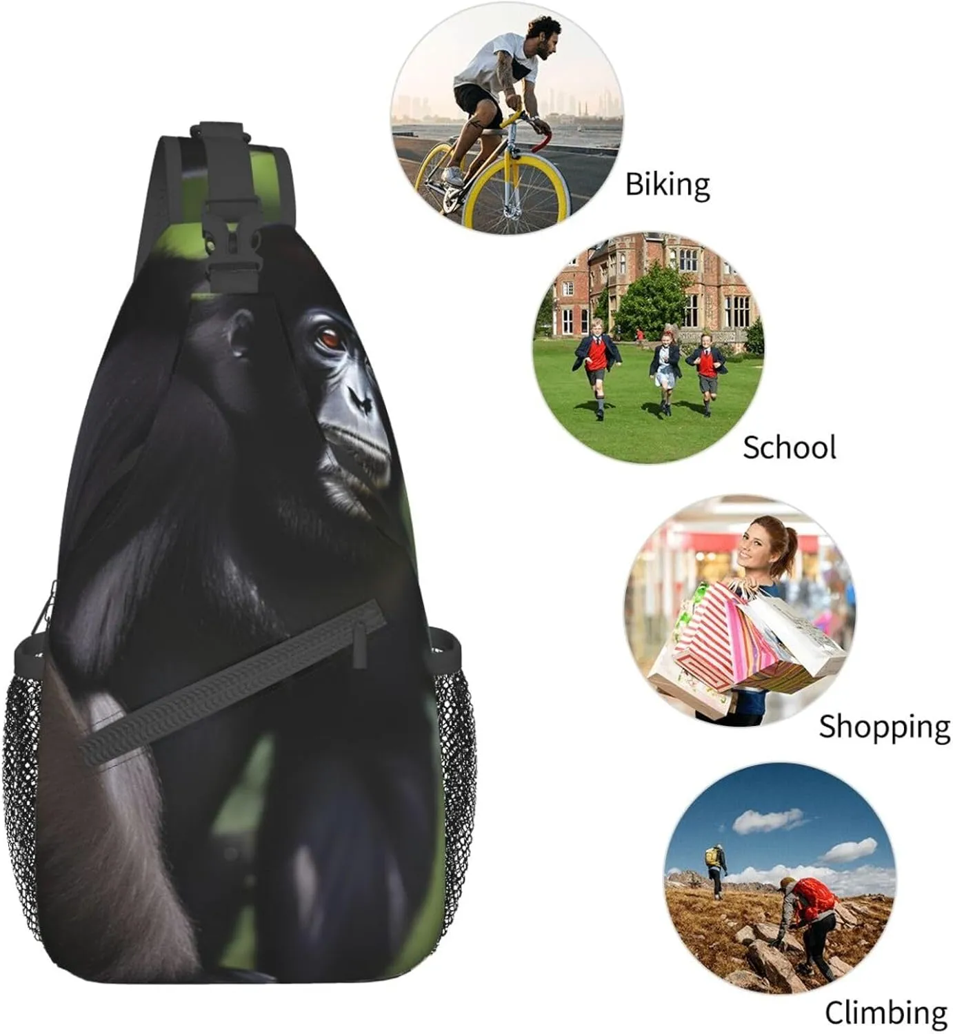 Black Gibbon Monkey Unisex Casual Diagonal Chest Bag,Multipurpose Crossbody Shoulder Bag Travel Hiking Daypack