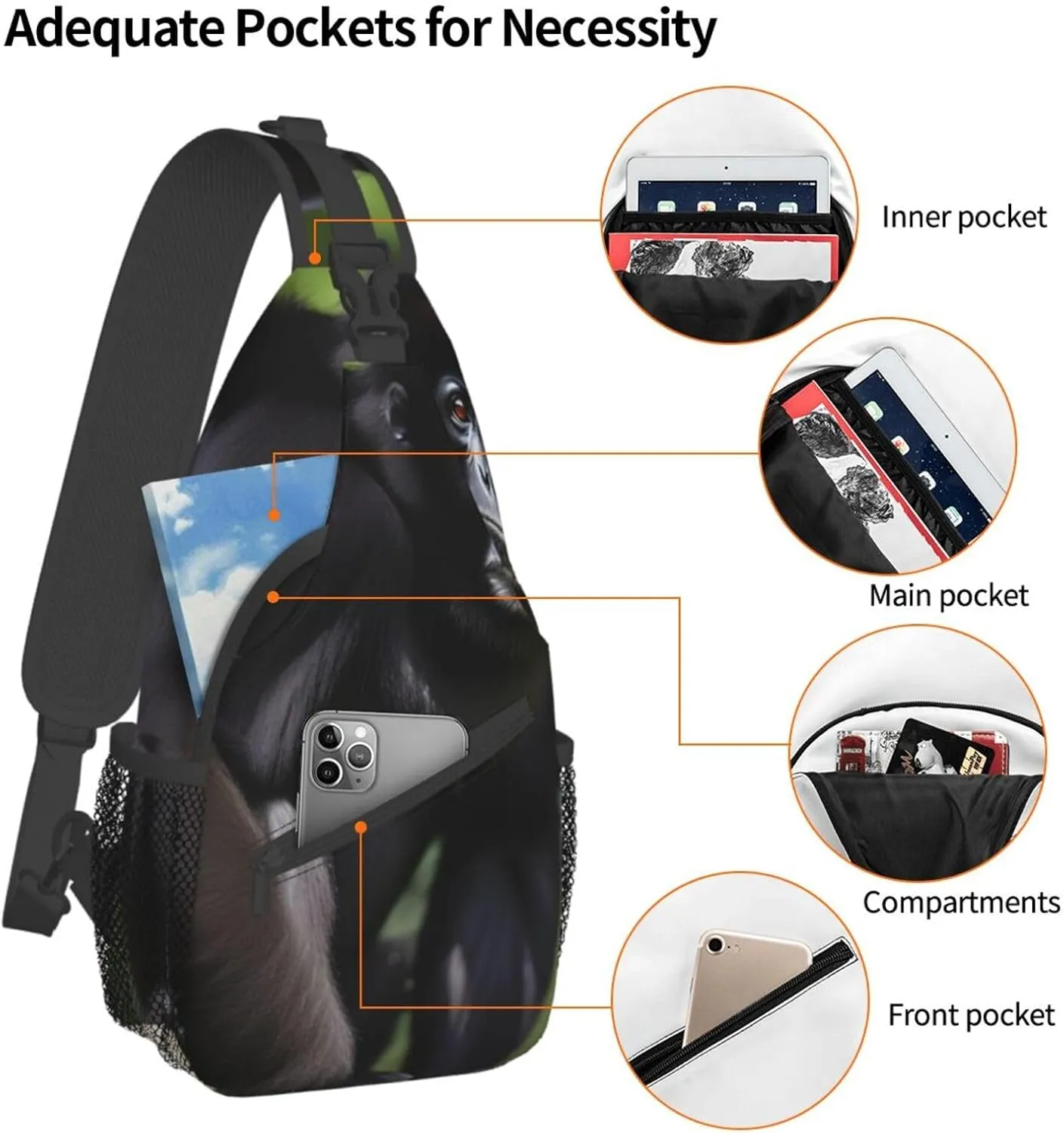Black Gibbon Monkey Unisex Casual Diagonal Chest Bag,Multipurpose Crossbody Shoulder Bag Travel Hiking Daypack