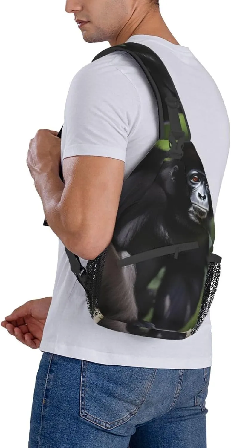 Black Gibbon Monkey Unisex Casual Diagonal Chest Bag,Multipurpose Crossbody Shoulder Bag Travel Hiking Daypack