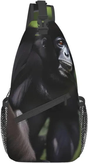 Black Gibbon Monkey Unisex Casual Diagonal Chest Bag,Multipurpose Crossbody Shoulder Bag Travel Hiking Daypack
