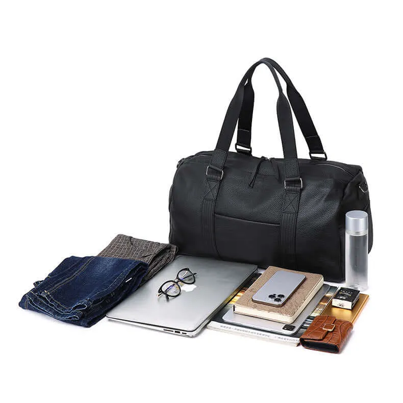 Black Leather Travel Duffle Bag – Large Capacity