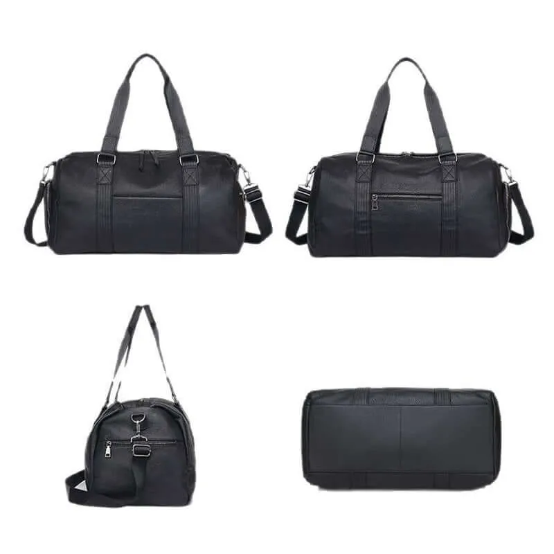 Black Leather Travel Duffle Bag – Large Capacity