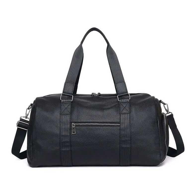 Black Leather Travel Duffle Bag – Large Capacity