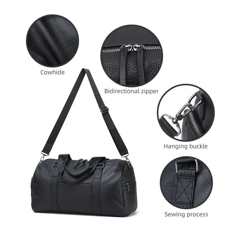 Black Leather Travel Duffle Bag – Large Capacity