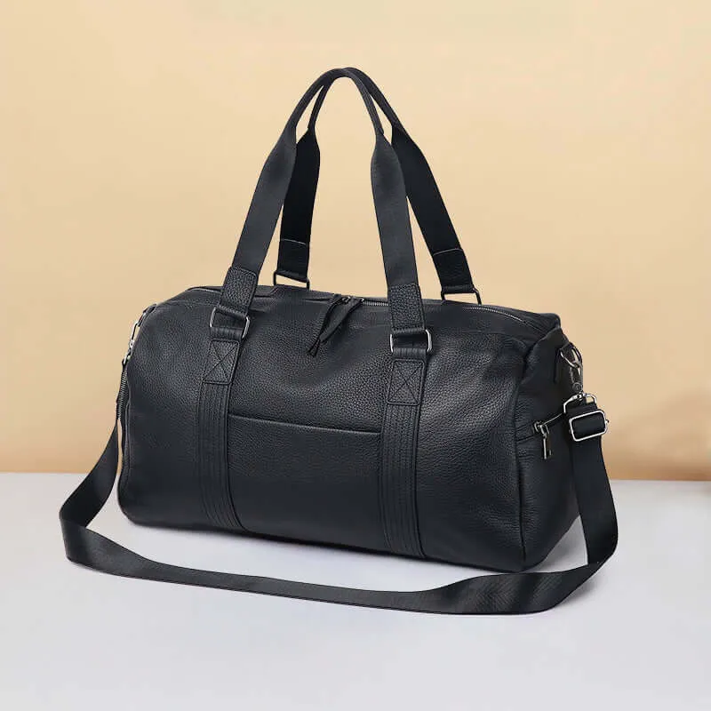 Black Leather Travel Duffle Bag – Large Capacity