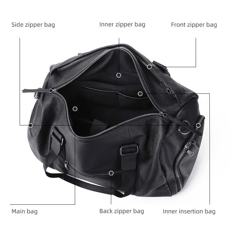 Black Leather Travel Duffle Bag – Large Capacity