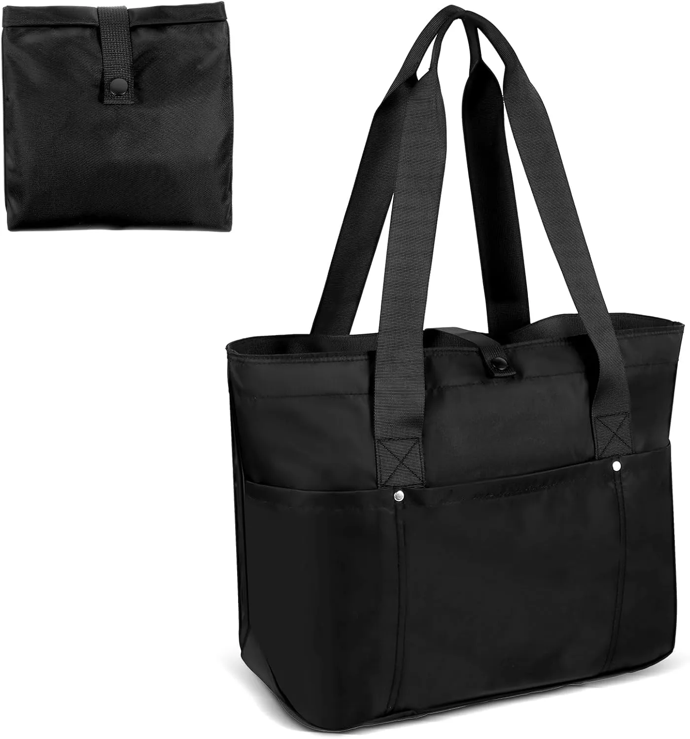 Black Tote Bag for Women, Foldable Travel Tote Bag with Zipper, Large Top Handle Hanbag Soulder Bag for Travel Work