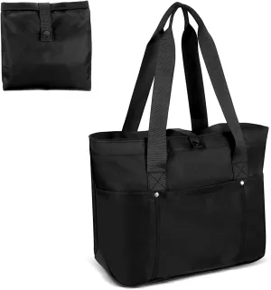 Black Tote Bag for Women, Foldable Travel Tote Bag with Zipper, Large Top Handle Hanbag Soulder Bag for Travel Work