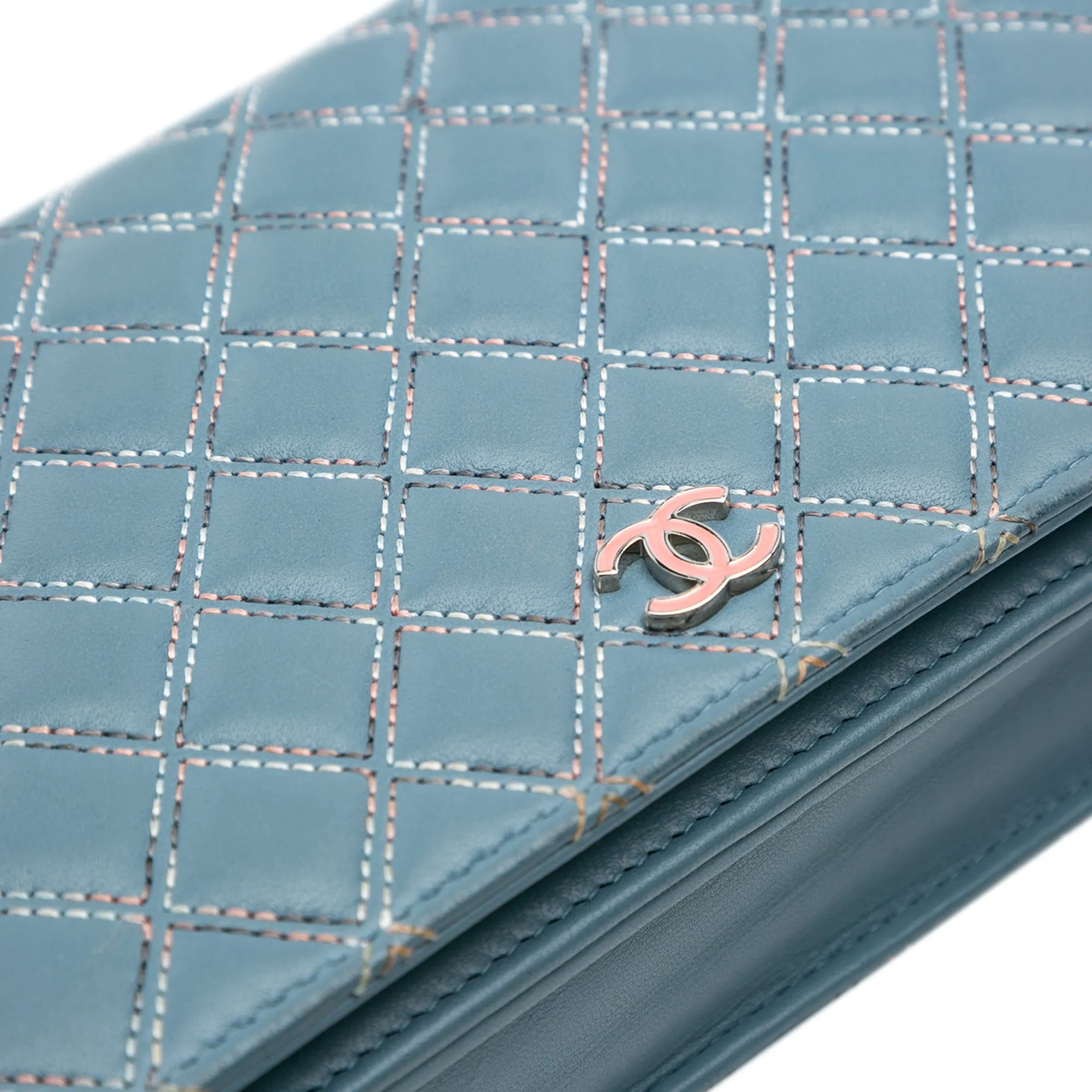 Blue Chanel Quilted Lambskin Double Stitch Wallet On Chain Crossbody Bag