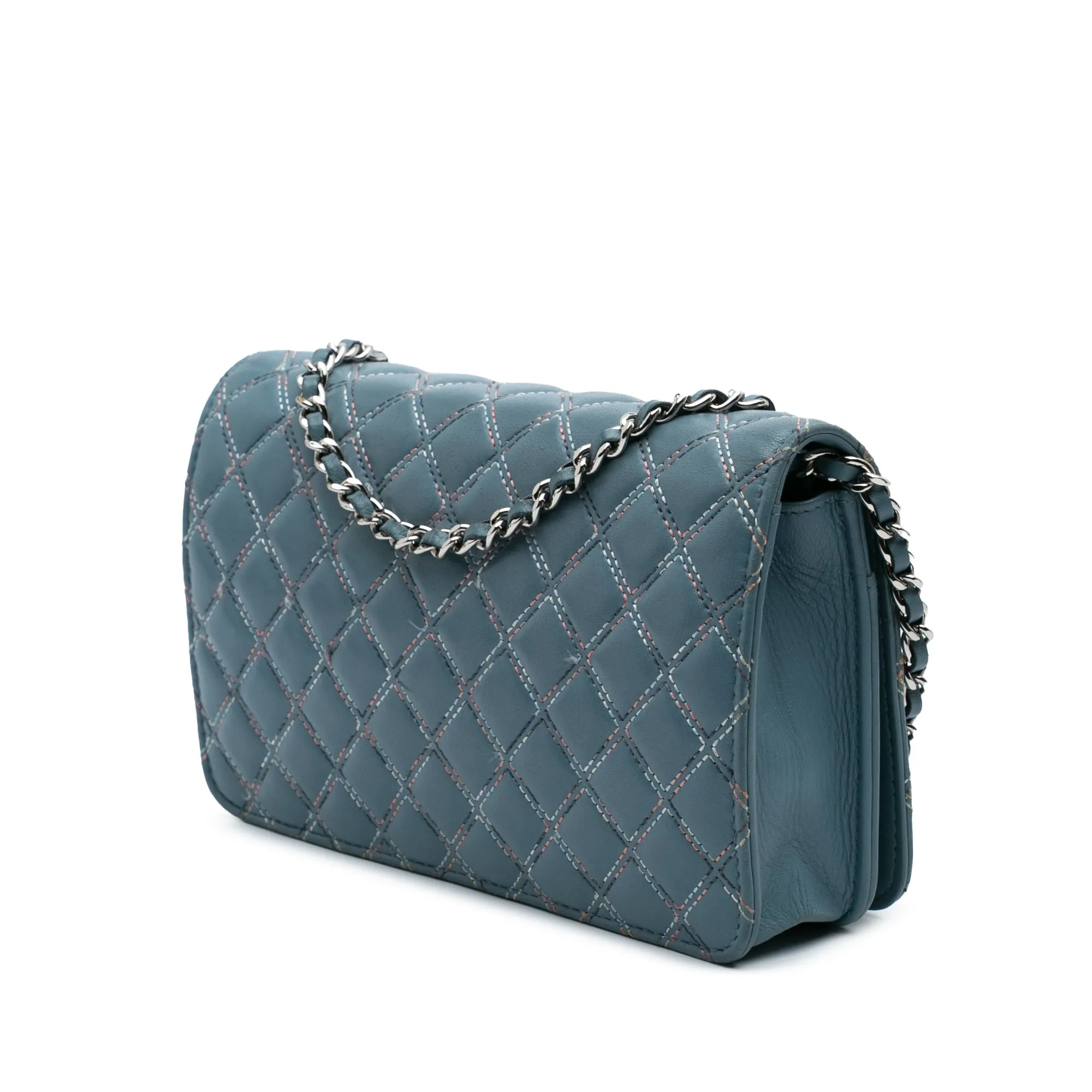 Blue Chanel Quilted Lambskin Double Stitch Wallet On Chain Crossbody Bag