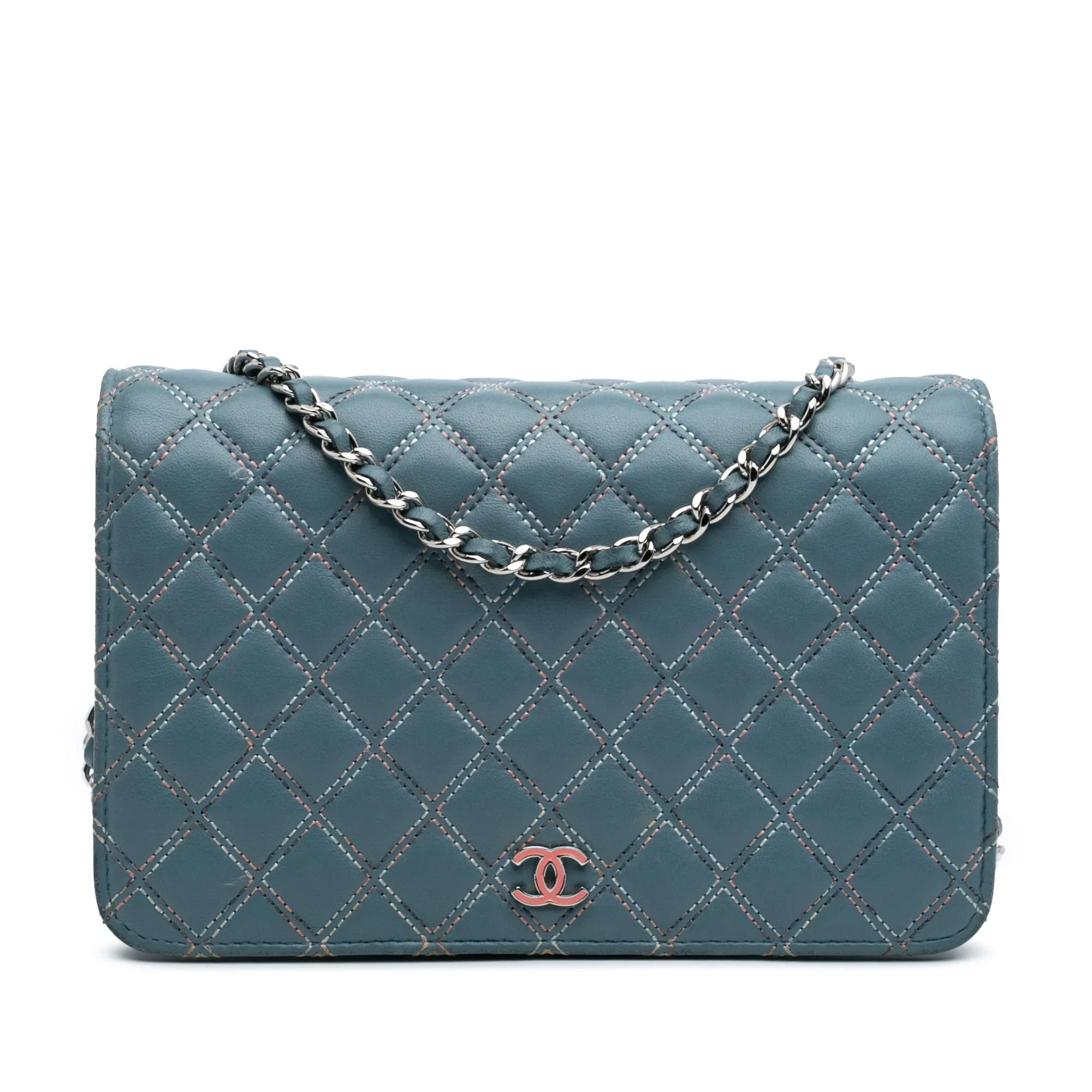 Blue Chanel Quilted Lambskin Double Stitch Wallet On Chain Crossbody Bag