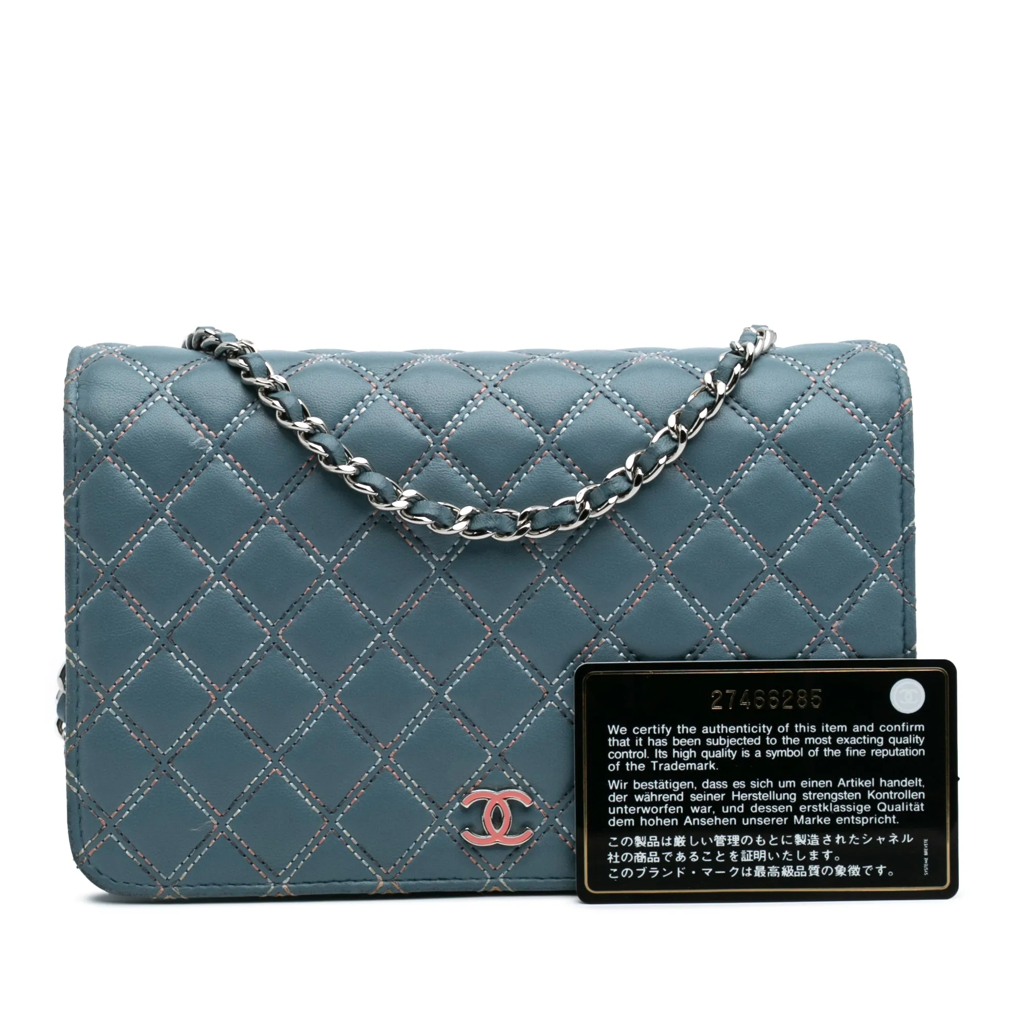 Blue Chanel Quilted Lambskin Double Stitch Wallet On Chain Crossbody Bag