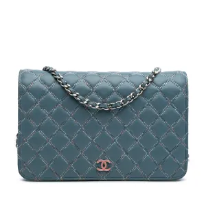 Blue Chanel Quilted Lambskin Double Stitch Wallet On Chain Crossbody Bag