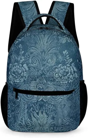 Blue Floral Lace Laptop Backpack for Women Travel Anti-Theft Laptop Bag Fashion College Work Business Backpacks Purse Casual Travel Daypacks