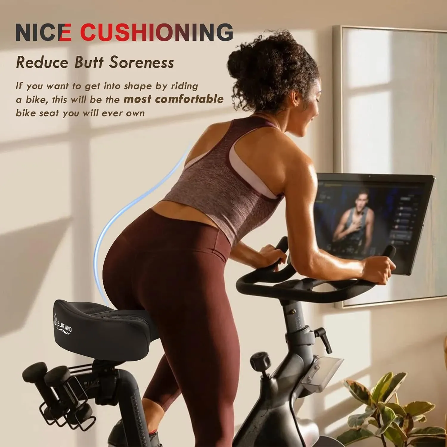BLUEWIND Oversized Bike Seat, Wide Bicycle Saddle Novel Backrest Design for Electric Bike, Universal Fit Exercise Bike or Road Stationary Bike Seat Cushion for Men & Women