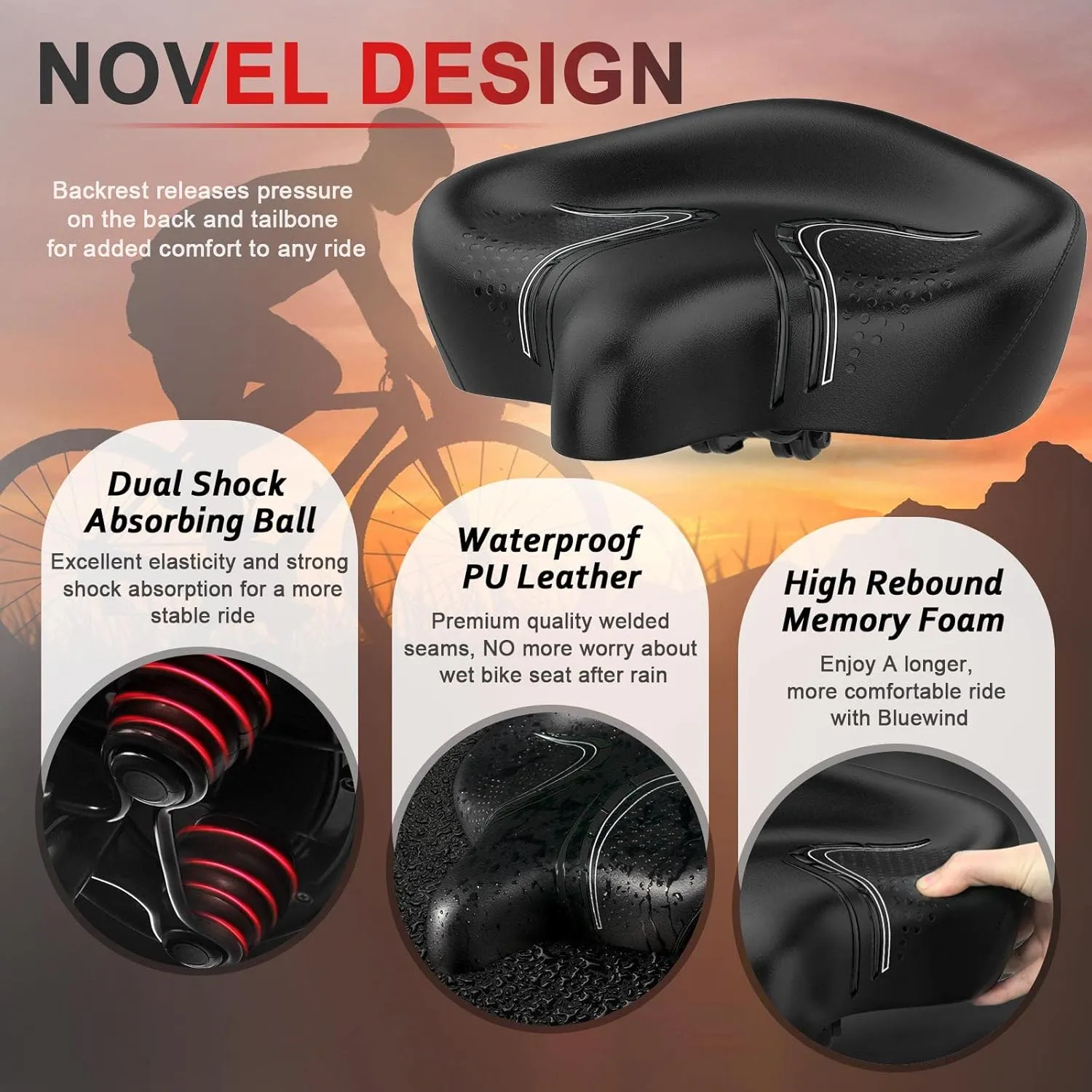 BLUEWIND Oversized Bike Seat, Wide Bicycle Saddle Novel Backrest Design for Electric Bike, Universal Fit Exercise Bike or Road Stationary Bike Seat Cushion for Men & Women