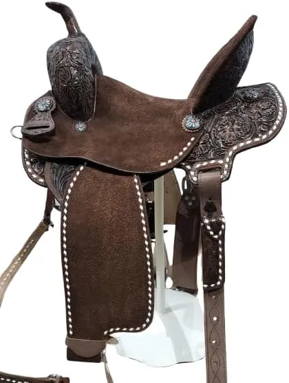 BNB International Western Barrel Racing Wooden Tree Horse Saddle Handmade Premium Leather Comfort Horse Trail Equestrian Tooled Carved Horse Saddle Riding Size: 10-18 inch MO07