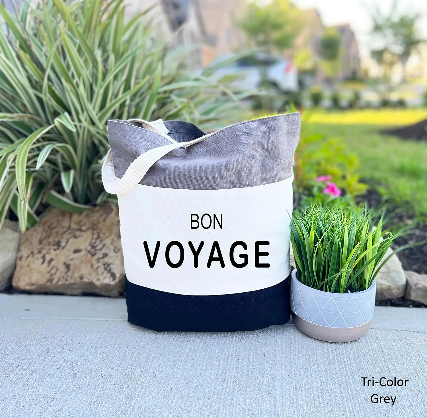 Bon Voyage Canvas Tote Bag, Matching Travel Tote Bag, Travel Buddies Gift, Travel Buddies Bag, Bestfriends Gift Bag, Travel Gift Tote Bag (15"L x 15"H x 3"D, Tri-Color Grey)