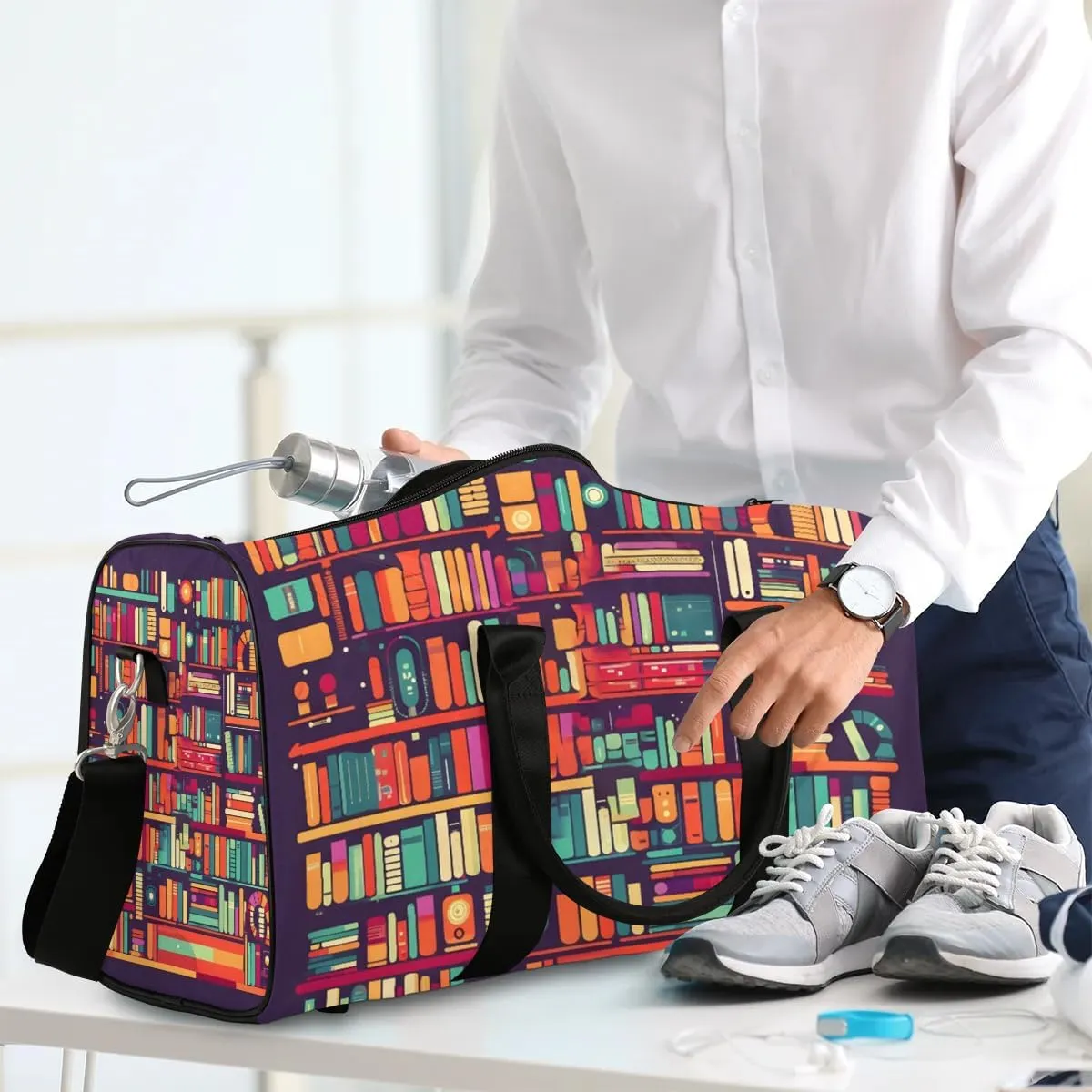 Bookshelf Book Travel Duffel Bag for Women Men Waterproof Foldable Overnight Weekender Bag Large Capacity Sports Gym Bag