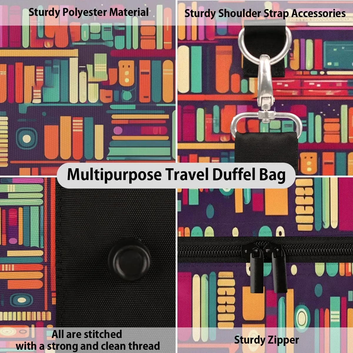 Bookshelf Book Travel Duffel Bag for Women Men Waterproof Foldable Overnight Weekender Bag Large Capacity Sports Gym Bag