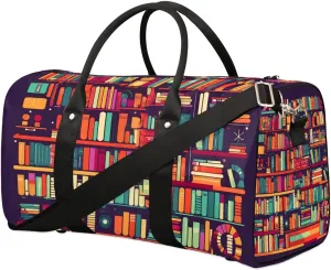 Bookshelf Book Travel Duffel Bag for Women Men Waterproof Foldable Overnight Weekender Bag Large Capacity Sports Gym Bag
