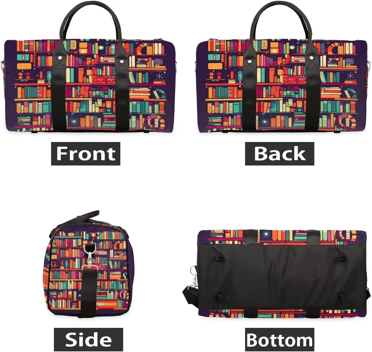 Bookshelf Book Travel Duffel Bag for Women Men Waterproof Foldable Overnight Weekender Bag Large Capacity Sports Gym Bag