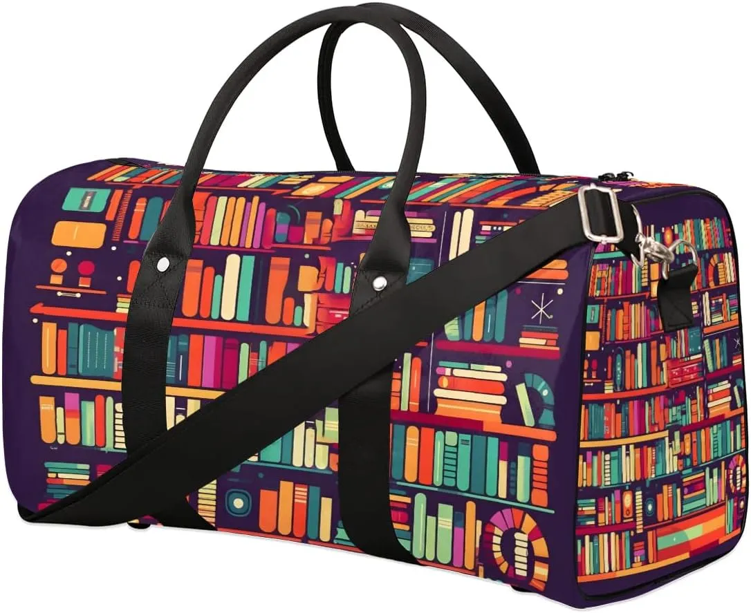 Bookshelf Book Travel Duffel Bag for Women Men Waterproof Foldable Overnight Weekender Bag Large Capacity Sports Gym Bag