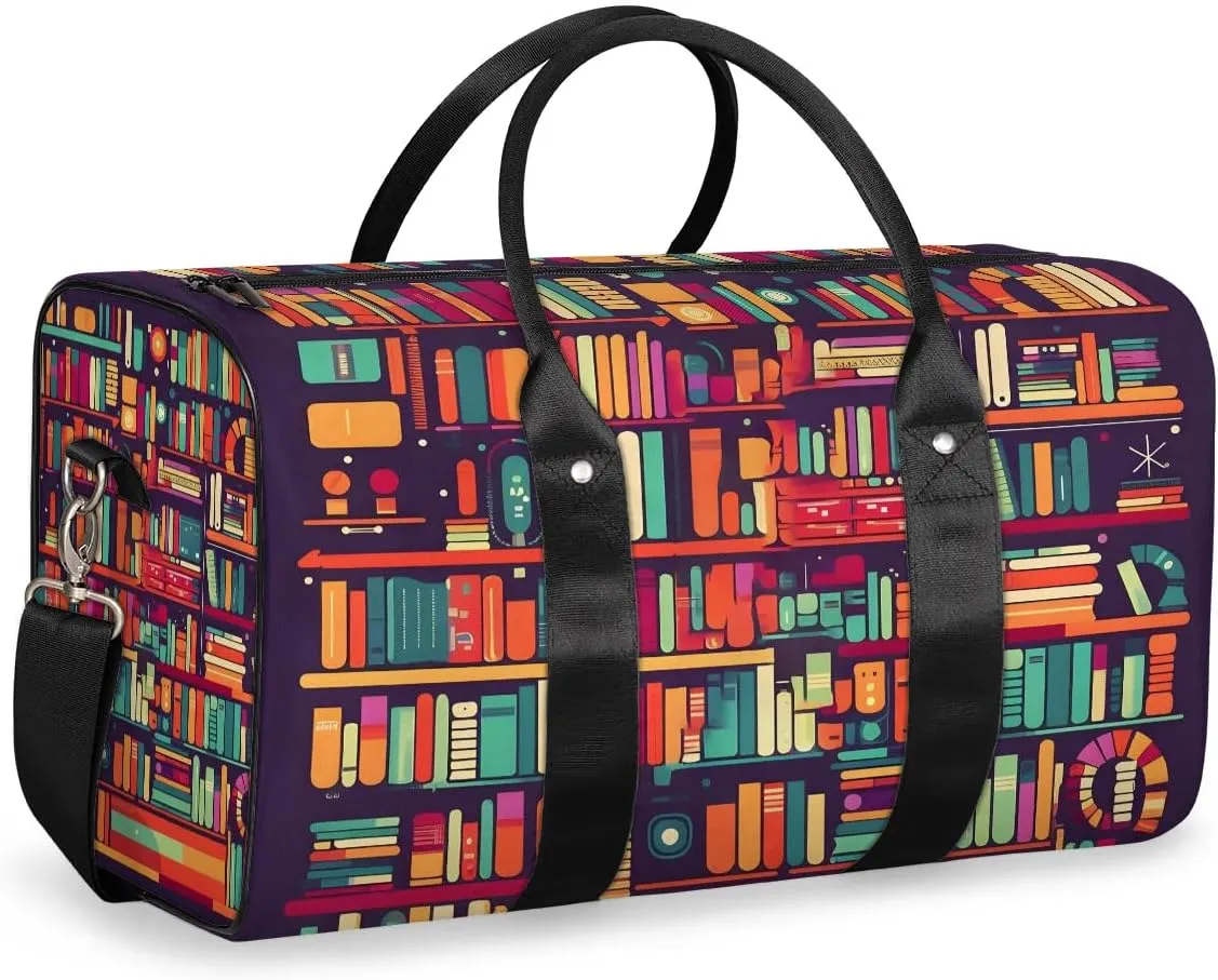 Bookshelf Book Travel Duffel Bag for Women Men Waterproof Foldable Overnight Weekender Bag Large Capacity Sports Gym Bag