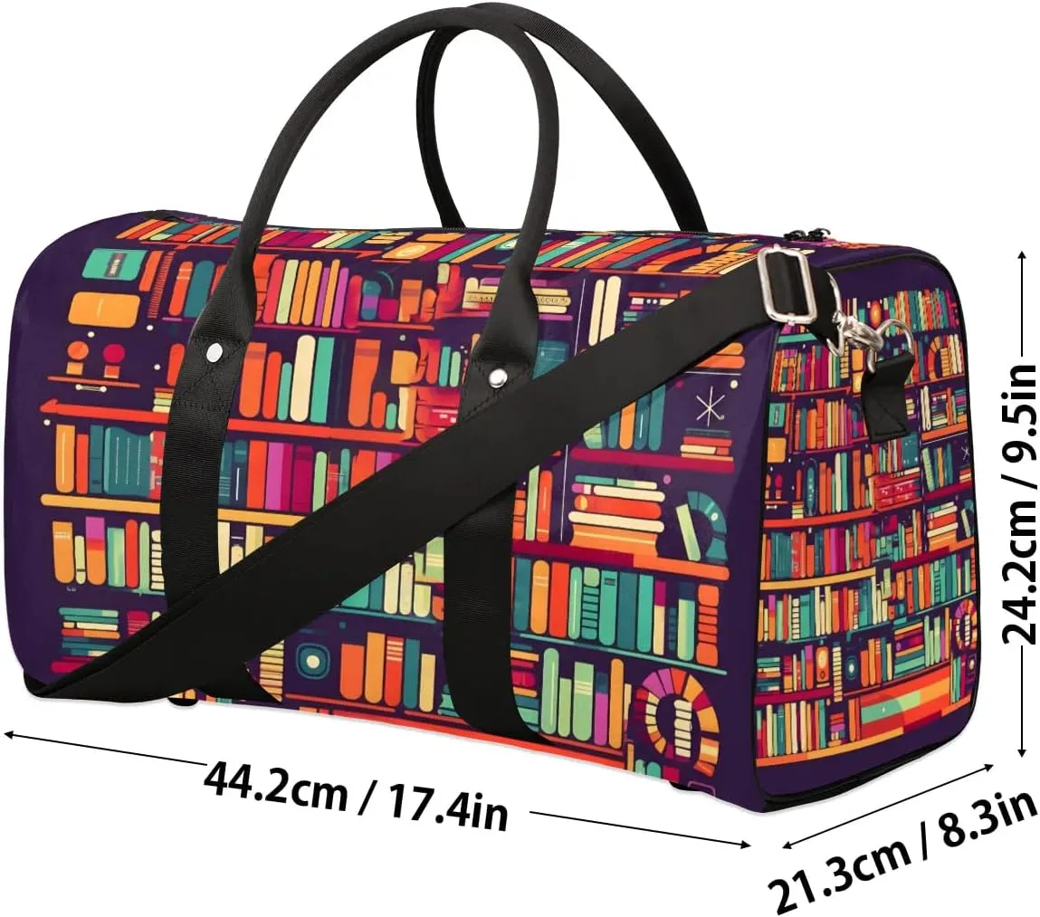 Bookshelf Book Travel Duffel Bag for Women Men Waterproof Foldable Overnight Weekender Bag Large Capacity Sports Gym Bag
