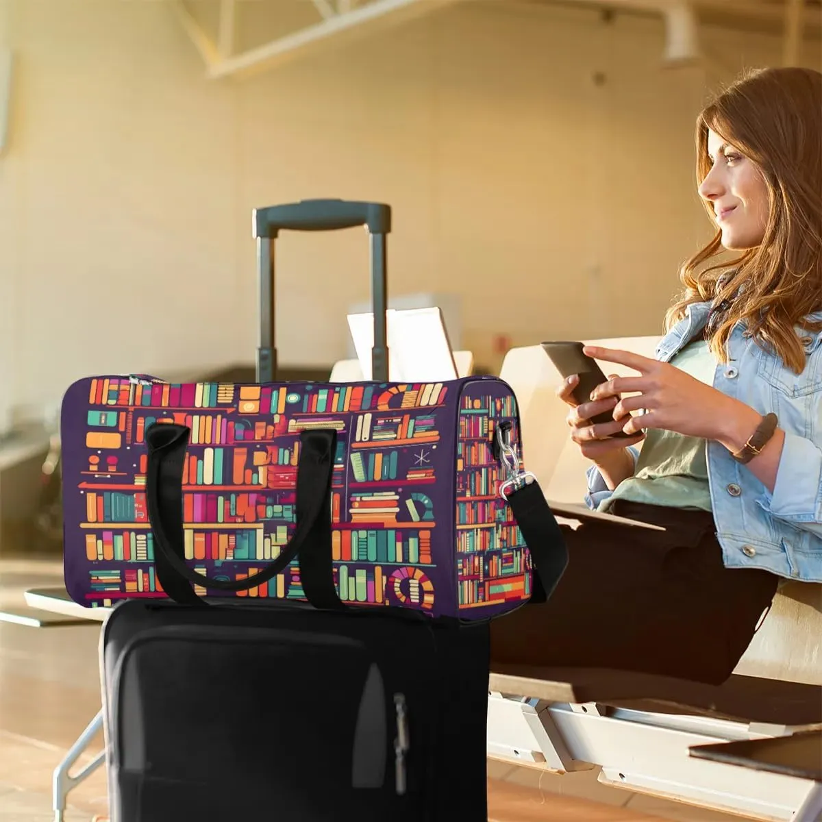 Bookshelf Book Travel Duffel Bag for Women Men Waterproof Foldable Overnight Weekender Bag Large Capacity Sports Gym Bag