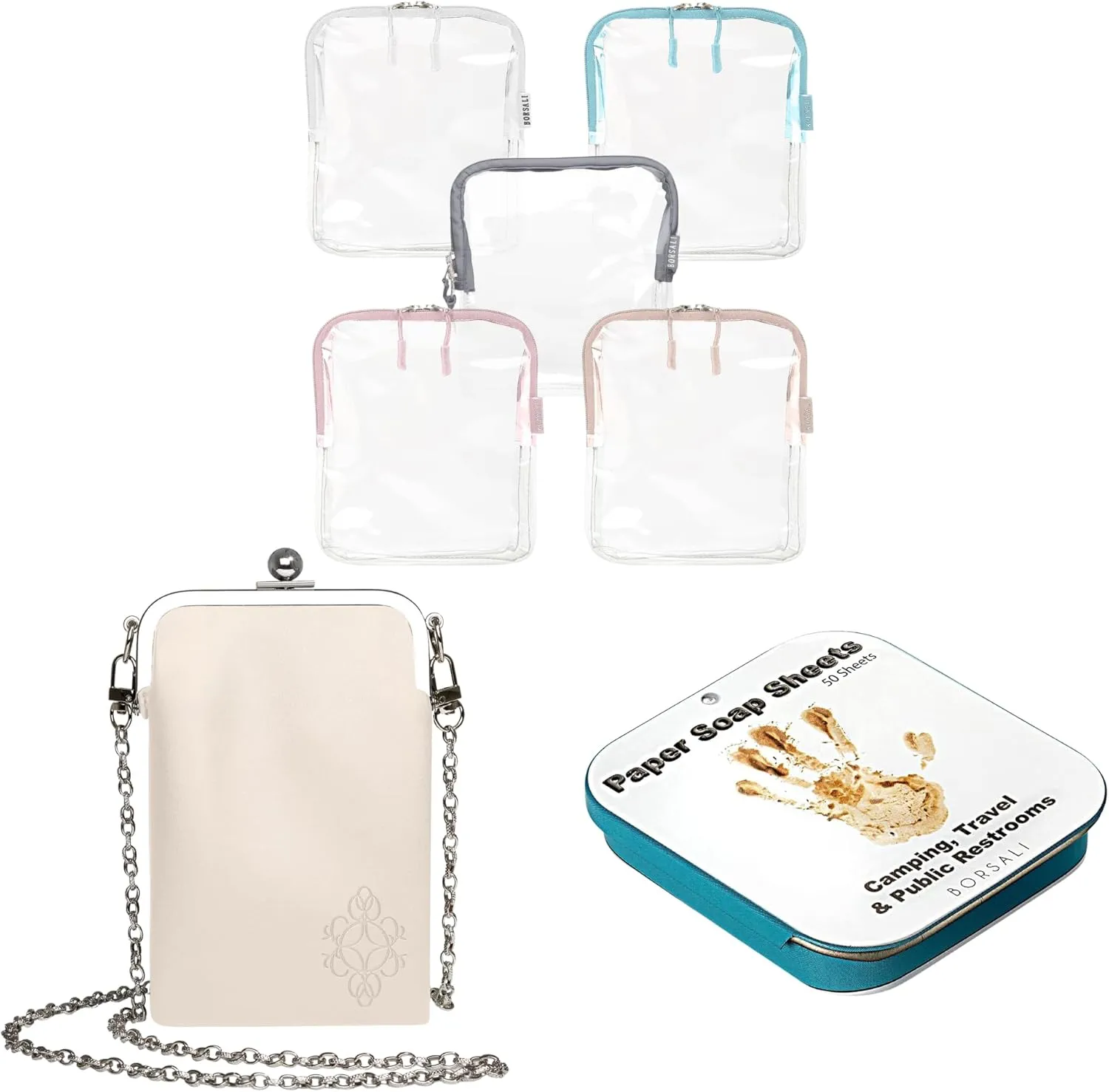 BORSALI 5-pack TSA Quart Size Bag Approved for Carry On Travel with Cream Small Crossbody Bag for Women and Paper Soap Sheets 1 Case with 50 Sheets To Go