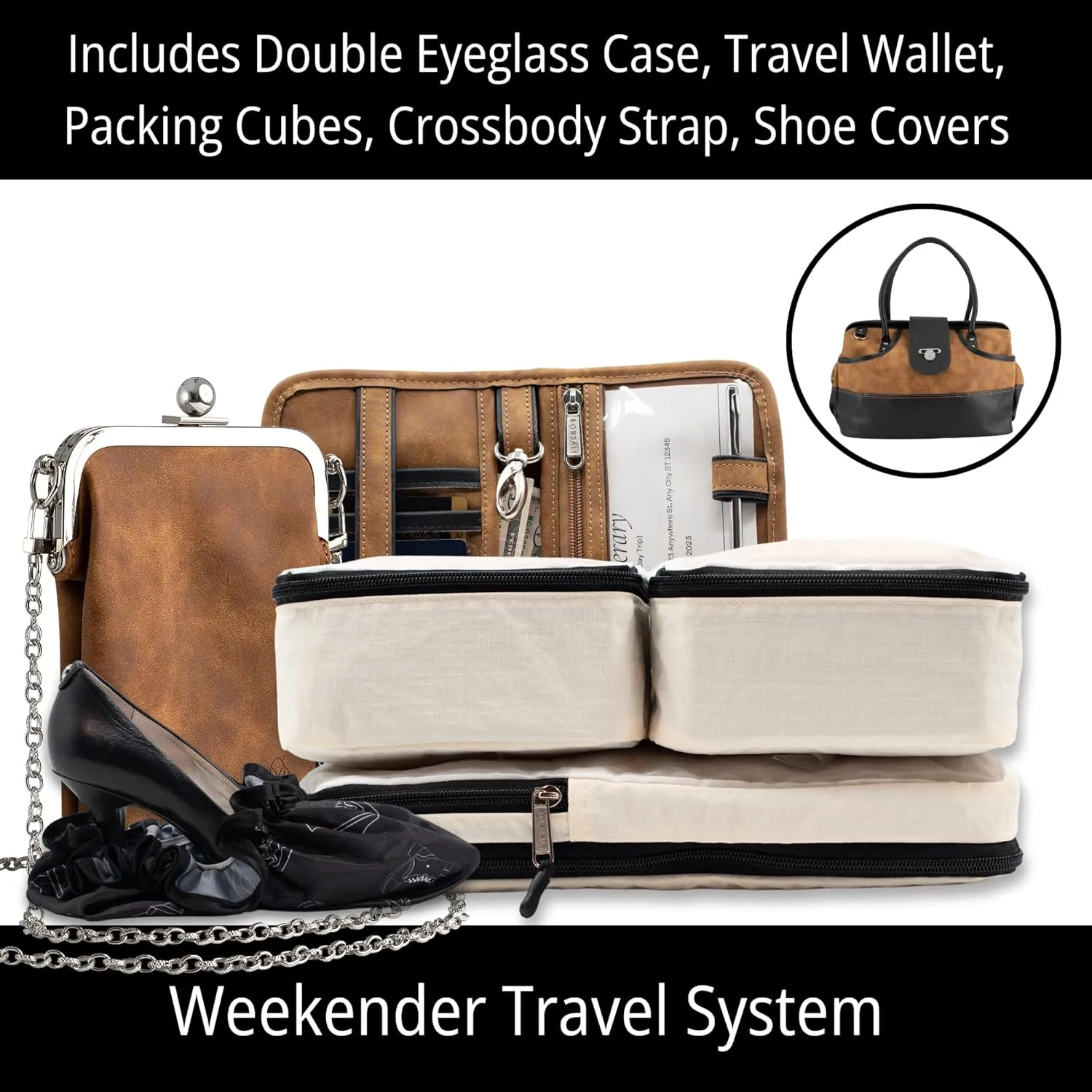 BORSALI Weekender Duffel Bag for Women with Packing Cubes, Travel Wallet, Shoe Covers, Sunglass Case Vegan Leather- Brown Bag & Brown Sunglass Case with Removable Crossbody Chain
