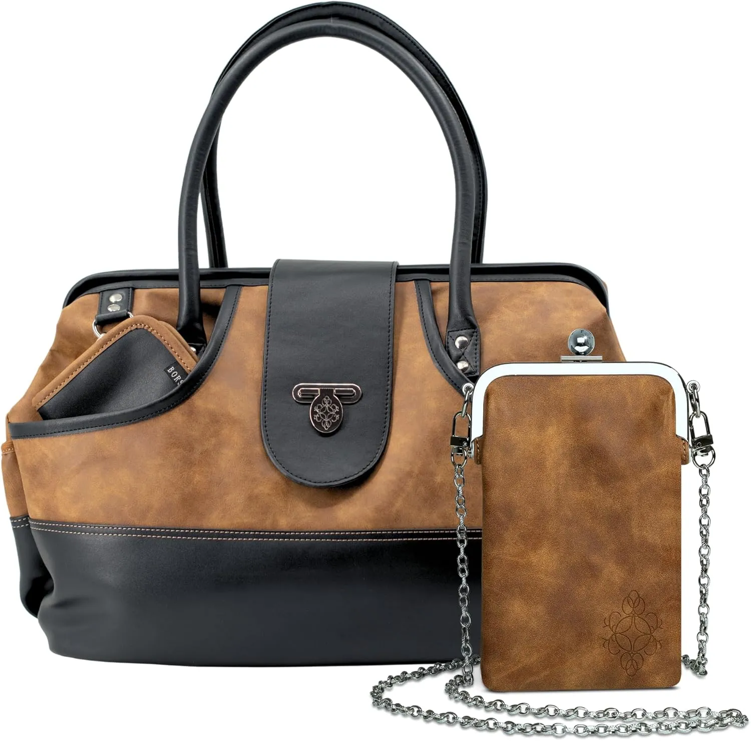 BORSALI Weekender Duffel Bag for Women with Packing Cubes, Travel Wallet, Shoe Covers, Sunglass Case Vegan Leather- Brown Bag & Brown Sunglass Case with Removable Crossbody Chain