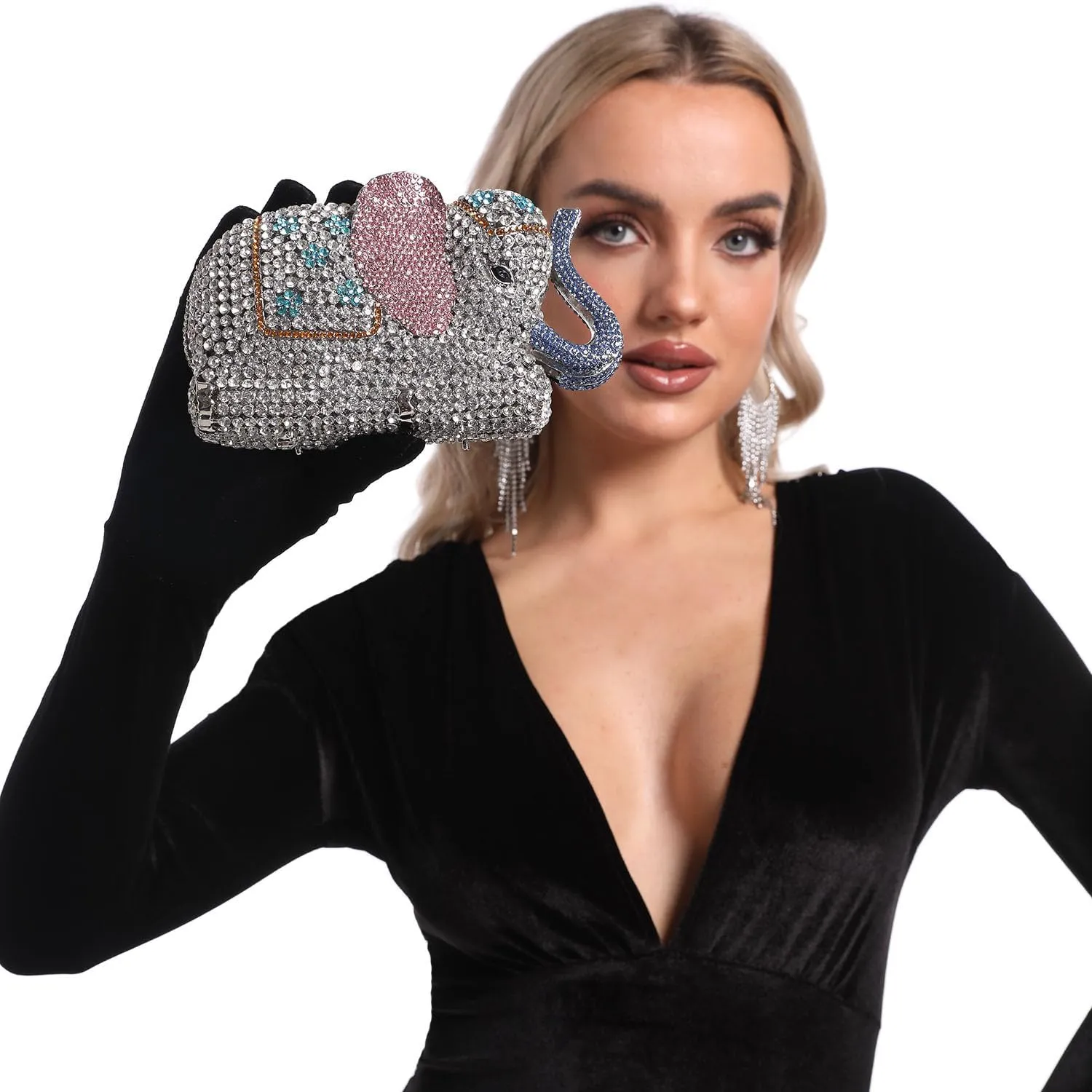 Boutique De FGG Elephant Crystal Clutch Bags Women Animal Rhinestone Evening Handbags Bridal Party Crystal Clutch Purse,Mini