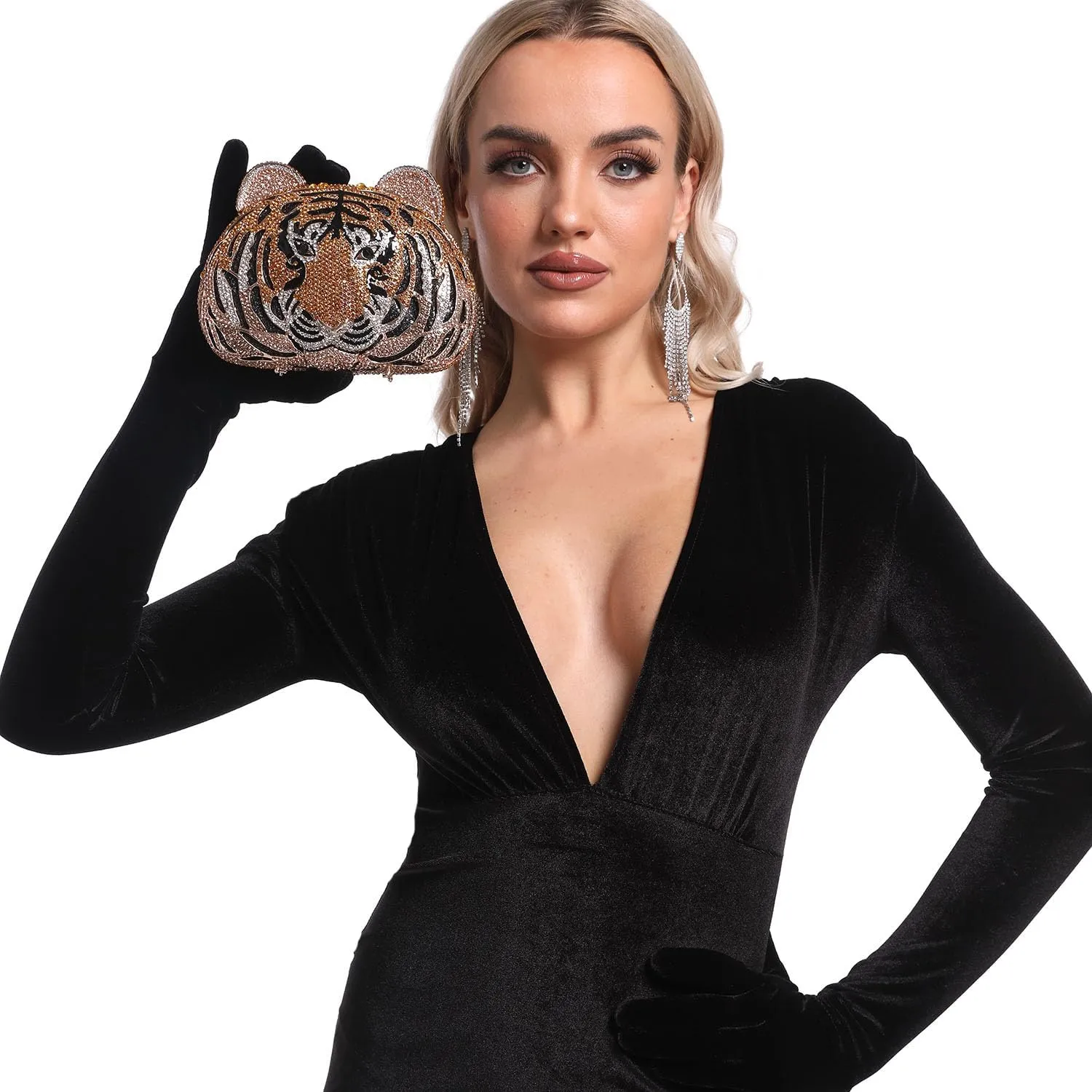 Boutique De FGG Tiger Clutch Purse for Women Animal Crystal Evening Bag Formal Party Rhinestone Handbag Prom Clutch Bag,Mini
