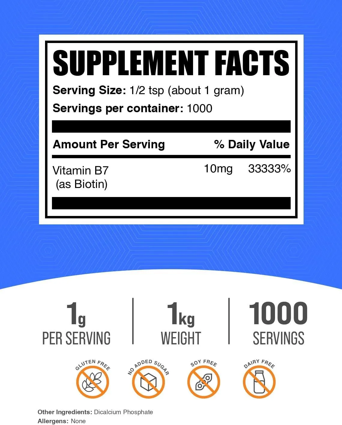 BulkSupplements.com Biotin 10000mcg Powder - Biotin Powder, Biotin Supplement, Biotin Vitamins for Hair Skin and Nails - Gluten Free, 1000mg per Serving (10mg Biotin), 1kg (2.2 lbs)
