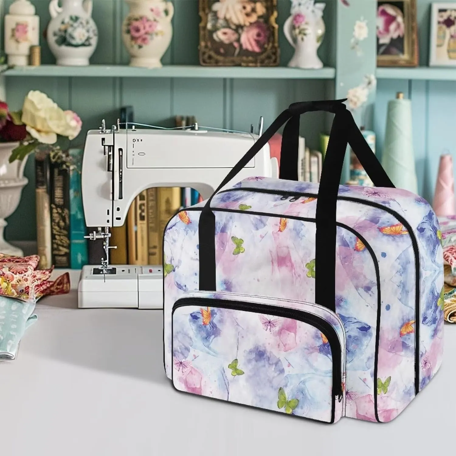 Butterfly Sewing Machine Carrying Case - Modern Tote Bag Accessories Organizer with Sturdy Handles Large Capacity Sewing Machine Cover Case Protection - Light Pink