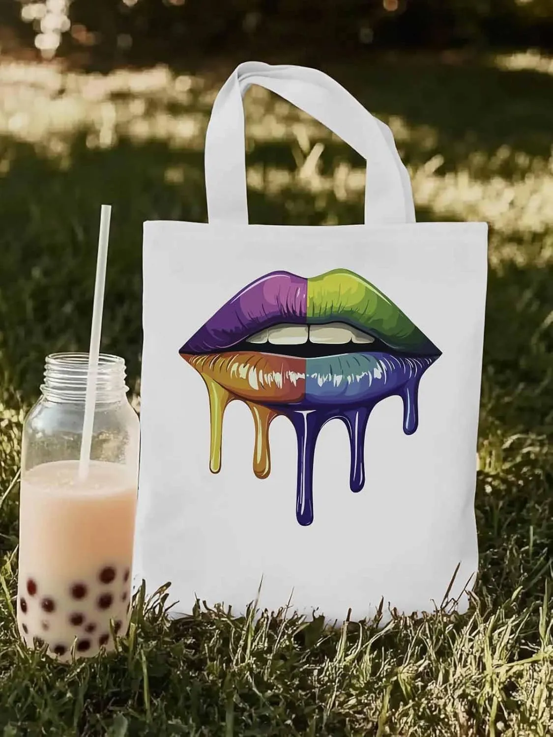 Canvas Tote Bag, Colorful Abstract Art Lips Aesthetic Canvas Tote Handbags for Women Shoulder Bag